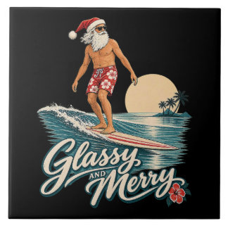 Glassy and Merry Surf Santa Christmas Ceramic Tile