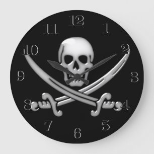 Glassy Pirate Skull & Sword Crossbones Large Clock