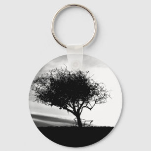 Glastonbury Hawthorn. Tree. Black and White. Key Ring