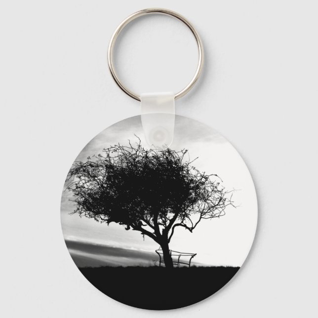 Glastonbury Hawthorn. Tree. Black and White. Key Ring (Front)