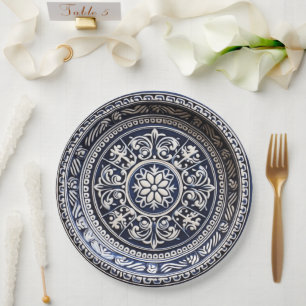 Glazed Pottery Style Paper Plate in Navy and Ivory