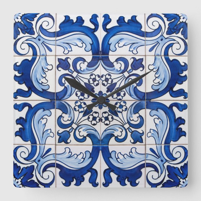 Glazed Tiles Portuguese Azulejo Style Square Wall Clock (Front)