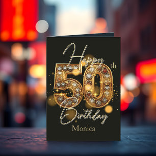 Gleaming Gold and Black Gemstone 50th Birthday Card