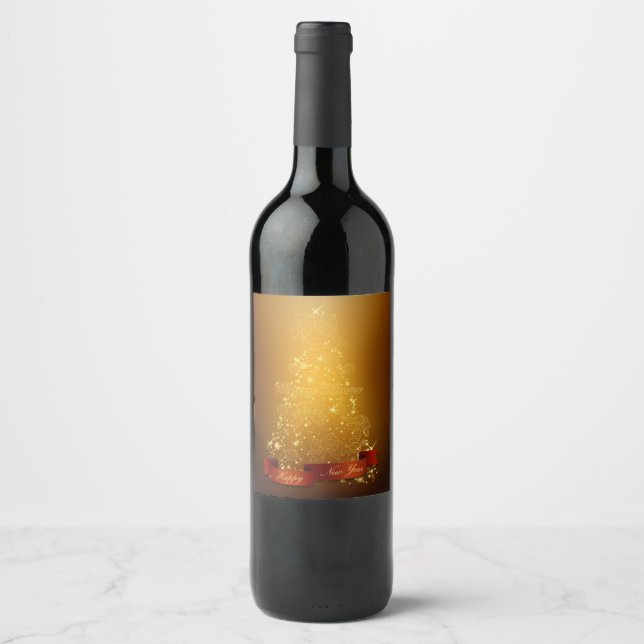 Gleaming Gold Christmas Tree Wine Label (Front)