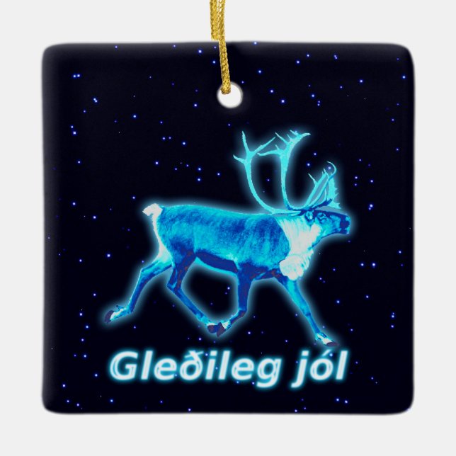 Gleðileg Jól - Blue Caribou (Reindeer) Ceramic Ornament (Front)