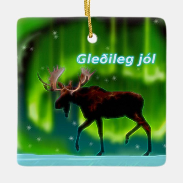 Gleðileg jól - Northern Lights Moose Ceramic Ornament (Front)