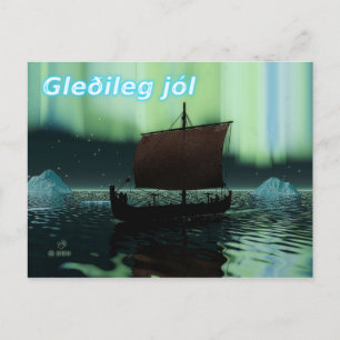 Gleðileg Jól - Viking Ship And Northern Lights Postcard