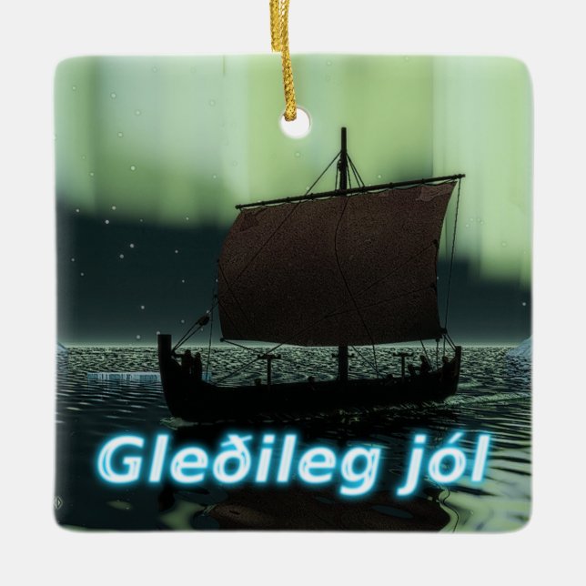 Gleðileg Jól - Viking Ship Ceramic Tree Decoration (Front)