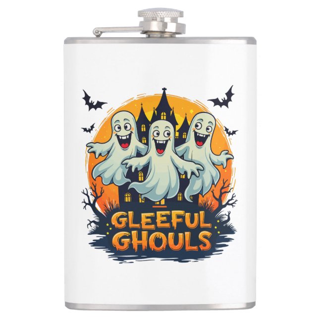 Gleeful Ghouls | Fun Halloween Ghost Artwork Hip Flask (Front)