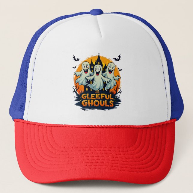 Gleeful Ghouls | Fun Halloween Ghost Artwork Trucker Hat (Front)
