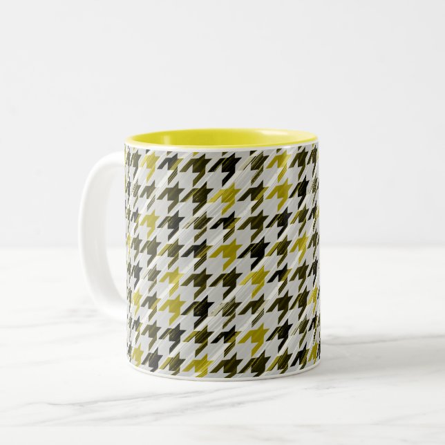 Glen Plaid. Black and mustard. Two-Tone Coffee Mug (Front Left)