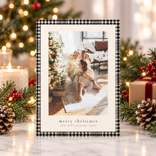 Glen Plaid Black Cream Christmas Family Photo Holiday Card
