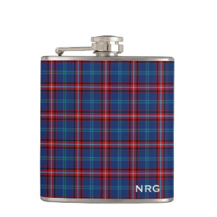 Glenn Tartan Monogram Bright Blue and Red Plaid Hip Flask