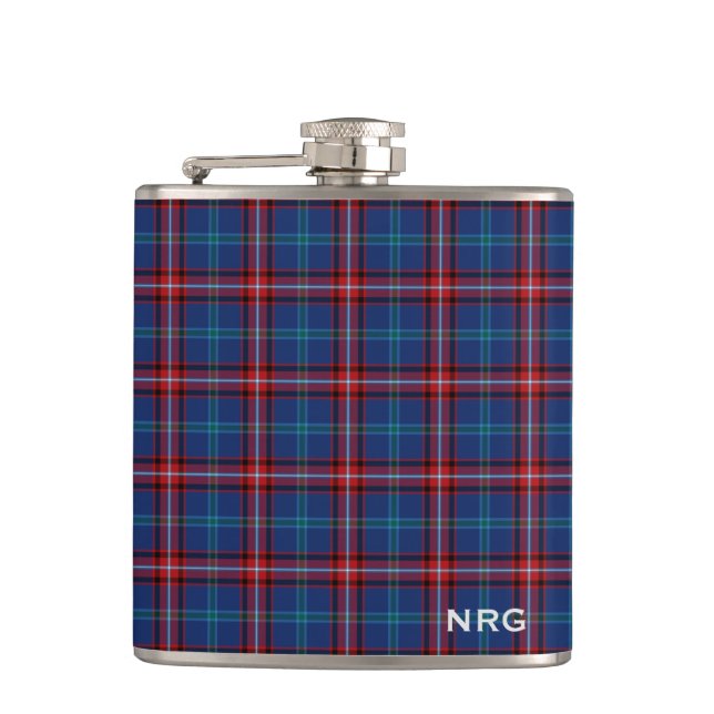 Glenn Tartan Monogram Bright Blue and Red Plaid Hip Flask (Front)