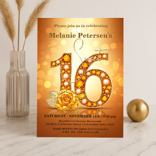 Glimmering Amber Gemstone Golden Rose Sweet 16 Invitation