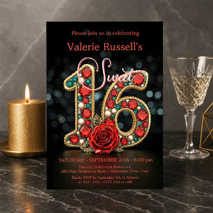 Glimmering Ruby Teal Pearl Gemstone Rose Sweet 16 Invitation