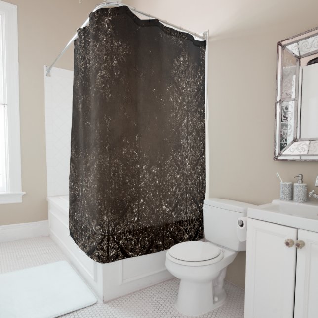 Glimmery Bronze Grunge | Rich Brown Glam Damask Shower Curtain (In Situ)