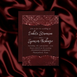 Glimmery Henna Grunge   Rich Blood Red Glam Damask Invitation