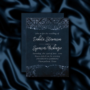 Glimmery Navy Grunge   Dark Sapphire Blue Damask Invitation