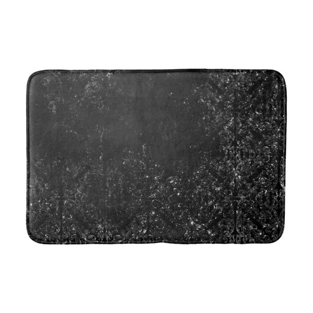 Glimmery Onyx Grunge | Silvery Black Glam Damask Bath Mat (Front)