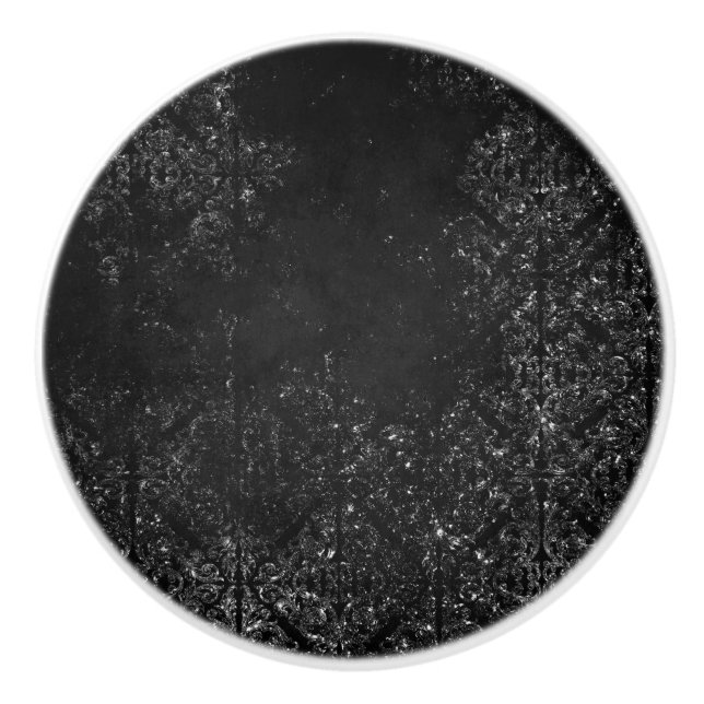 Glimmery Onyx Grunge | Silvery Black Glam Damask Ceramic Knob (Front)
