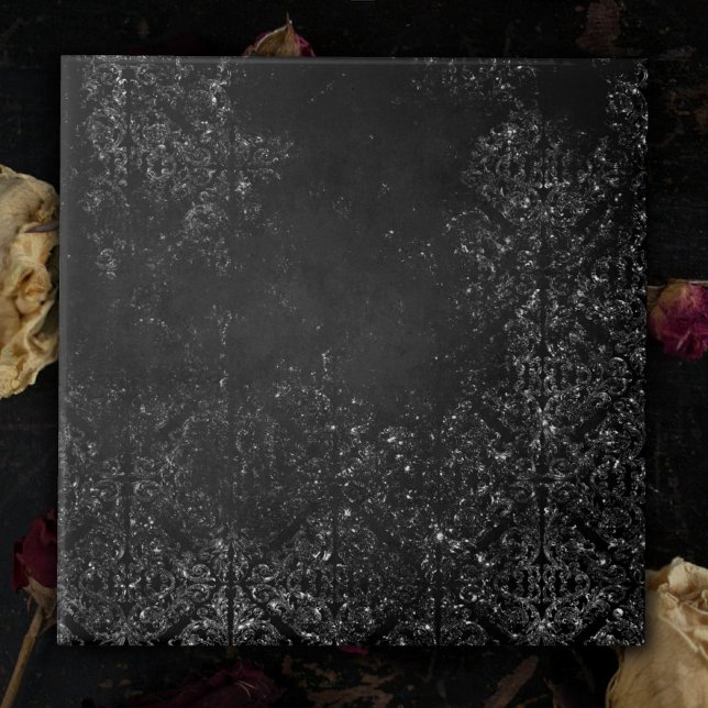 Glimmery Onyx Grunge | Silvery Black Glam Damask Ceramic Tile (Creator Uploaded)