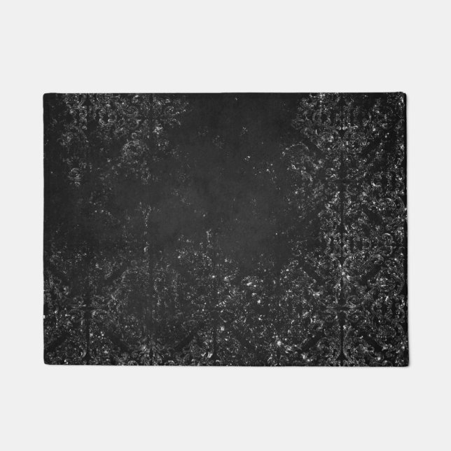Glimmery Onyx Grunge | Silvery Black Glam Damask Doormat (Front)