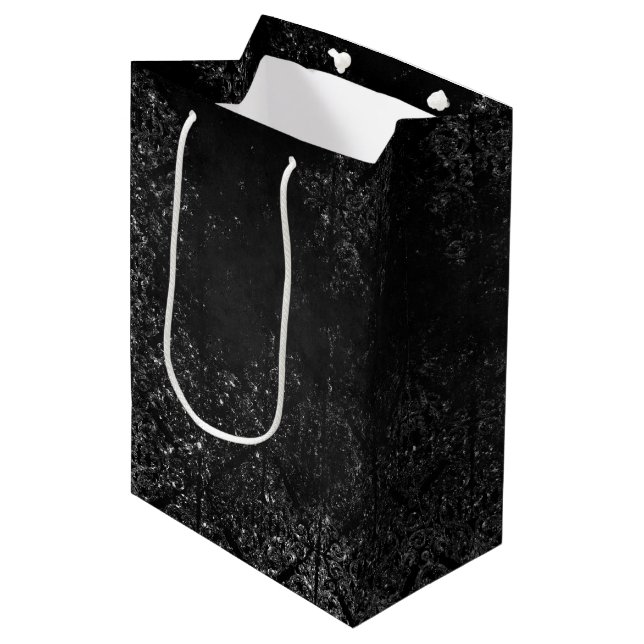 Glimmery Onyx Grunge | Silvery Black Glam Damask Medium Gift Bag (Front Angled)