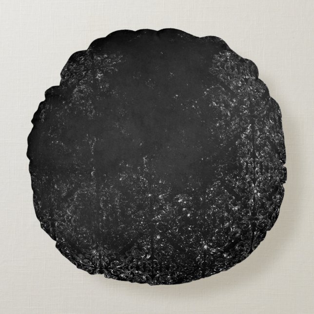 Glimmery Onyx Grunge | Silvery Black Glam Damask Round Cushion (Front)