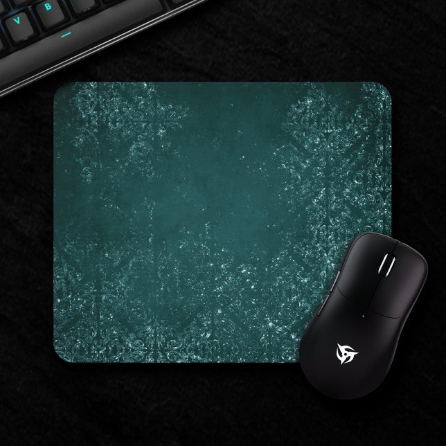Glimmery Teal Grunge | Rich Dark Green Glam Damask Mouse Pad (Creator Uploaded)