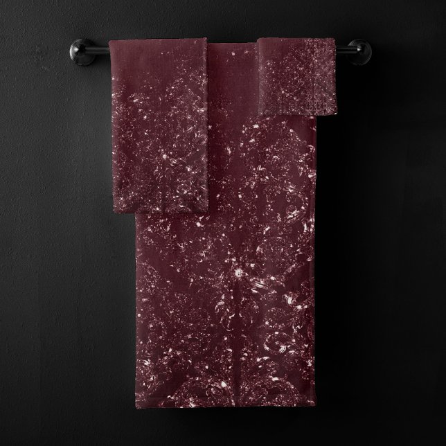 Glimmery Wine Grunge | Sangria Bordeaux Damask Bath Towel Set (Creator Uploaded)