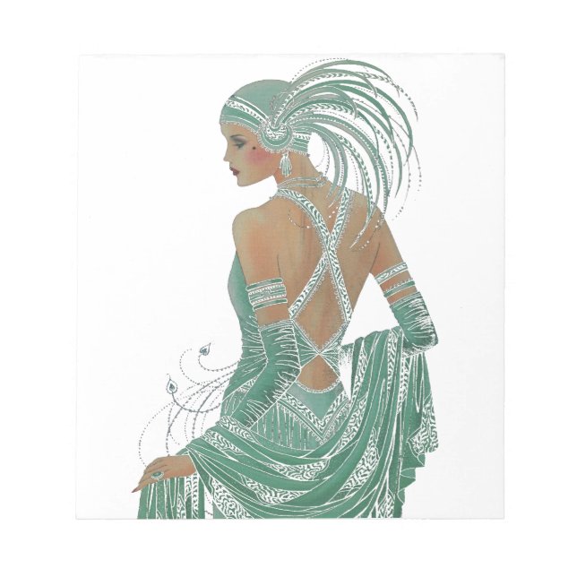 Glimpse of Elegance: Green Backless Dress Design Notepad (Front)