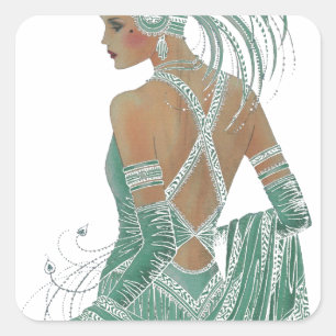 Glimpse of Elegance: Green Backless Dress Design Square Sticker
