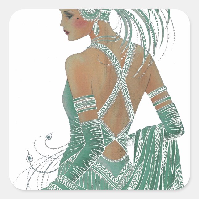 Glimpse of Elegance: Green Backless Dress Design Square Sticker (Front)
