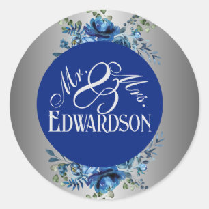 Glisten in Love: Blue Petals & Silver Monogrammed Classic Round Sticker