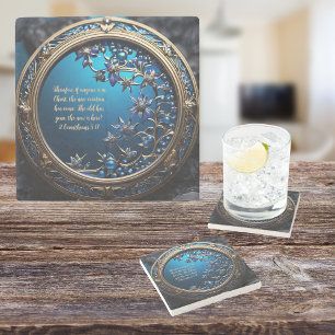 Glistening Blue With Gold Customisable Bible Verse Stone Coaster