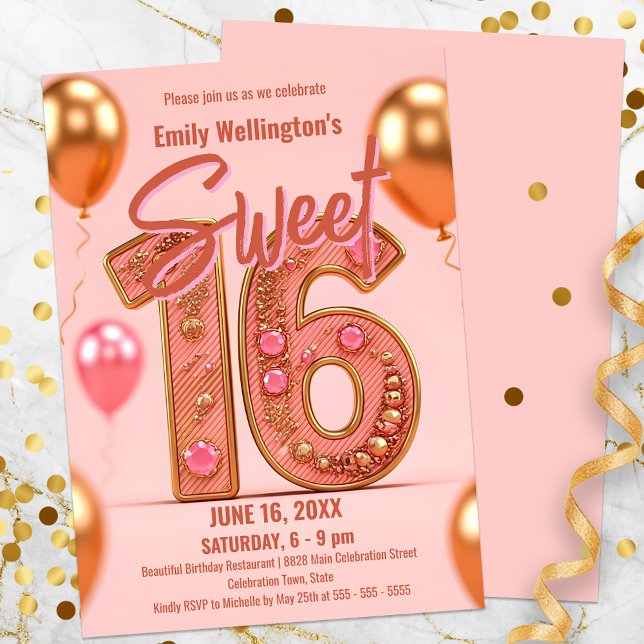 Glistening Pink and Gold Sweet 16 Celebration Invitation (Creator Uploaded)