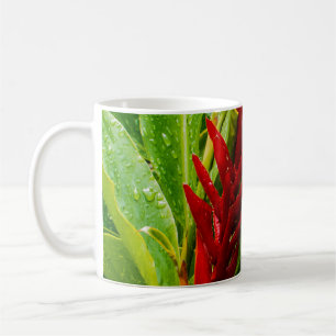 Glistening Red Ginger Flower and Rain-Kissed Leave Coffee Mug