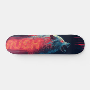 Glitch Art Wolf and Neon Red "RUSH" Text  Skateboard