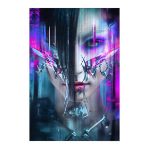 Glitch Cyberpunk Face Neon Distortion Portrait Photo Print