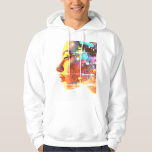 Glitch in Cyborg Woman on a Cosy Long Sleeve White Hoodie