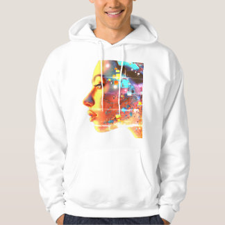 Glitch in Cyborg Woman on a Cozy Long Sleeve White Hoodie