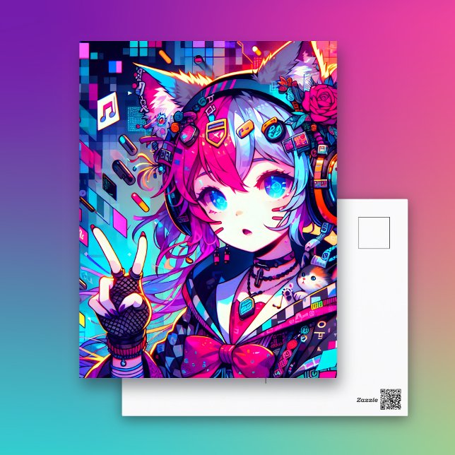 Glitchcore Colourful Anime Artwork Saying Hi Postcard (Creator Uploaded)