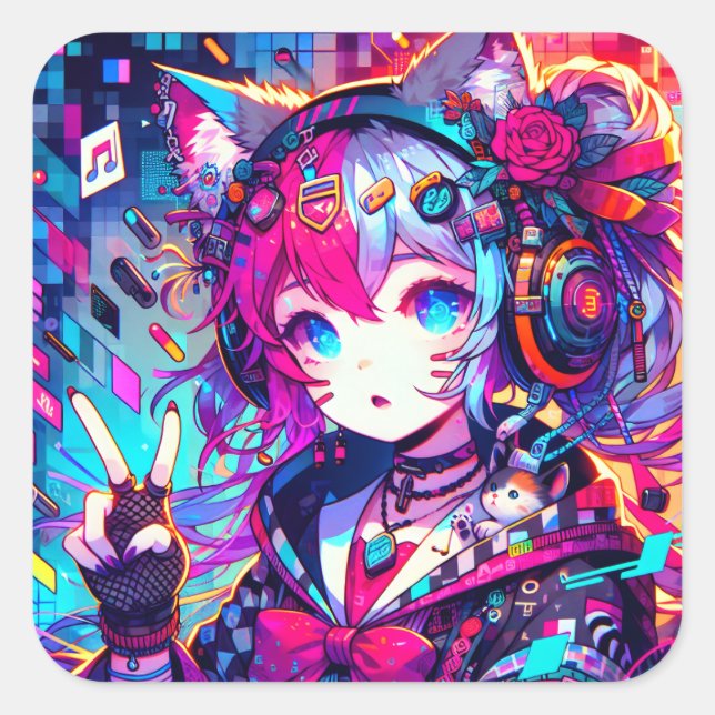 Glitchcore Colourful Anime Artwork Square Sticker (Front)