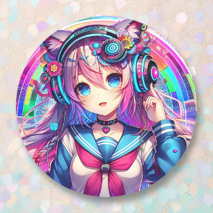 Glitchcore Colourful Anime Girl Artwork Classic Round Sticker