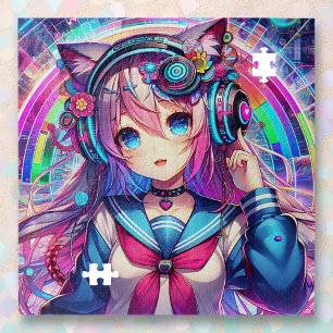 Glitchcore Colourful Anime Girl Artwork  Jigsaw Puzzle