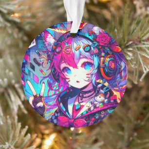 Glitchcore Colourful Anime Girl Artwork  Ornament