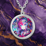 Glitchcore Colourful Anime Girl Artwork  Silver Plated Necklace<br><div class="desc">Anime glitchcore girl giving a peace sign with headphones,  musical notes and fox ears colourful purple,  pink,  blue and black ai art.</div>