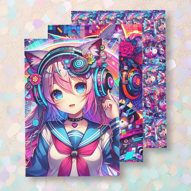 Glitchcore Colourful Anime Girl Artwork  Wrapping Paper Sheet (Creator Uploaded)