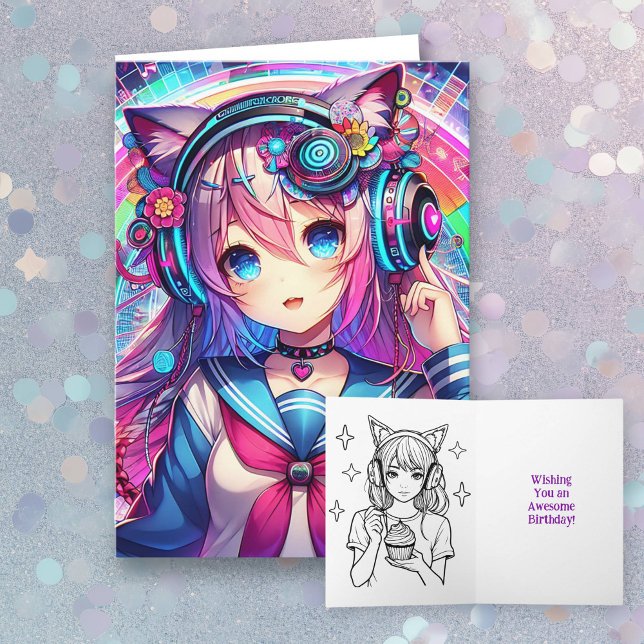 Glitchcore Colourful Anime Girl Birthday Colouring Card (Creator Uploaded)